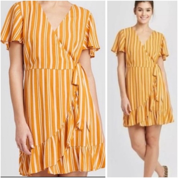 Golden Yellow & White Stripe Mini Wrap Dress - Picture 1 of 9